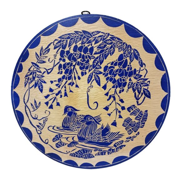 Asian Art Handcarved Wood 10" ROUND BLUE Block Painted BIRDS Ducks Water SIGNED - Picture 9 of 13